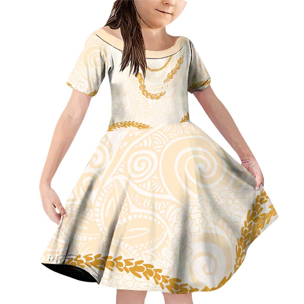 Aloha Lei Mikioi Family Matching Off Shoulder Short Dress and Hawaiian Shirt Gold Polynesian Tribal Tatau Pattern LT9 Daughter's Dress Gold - Polynesian Pride
