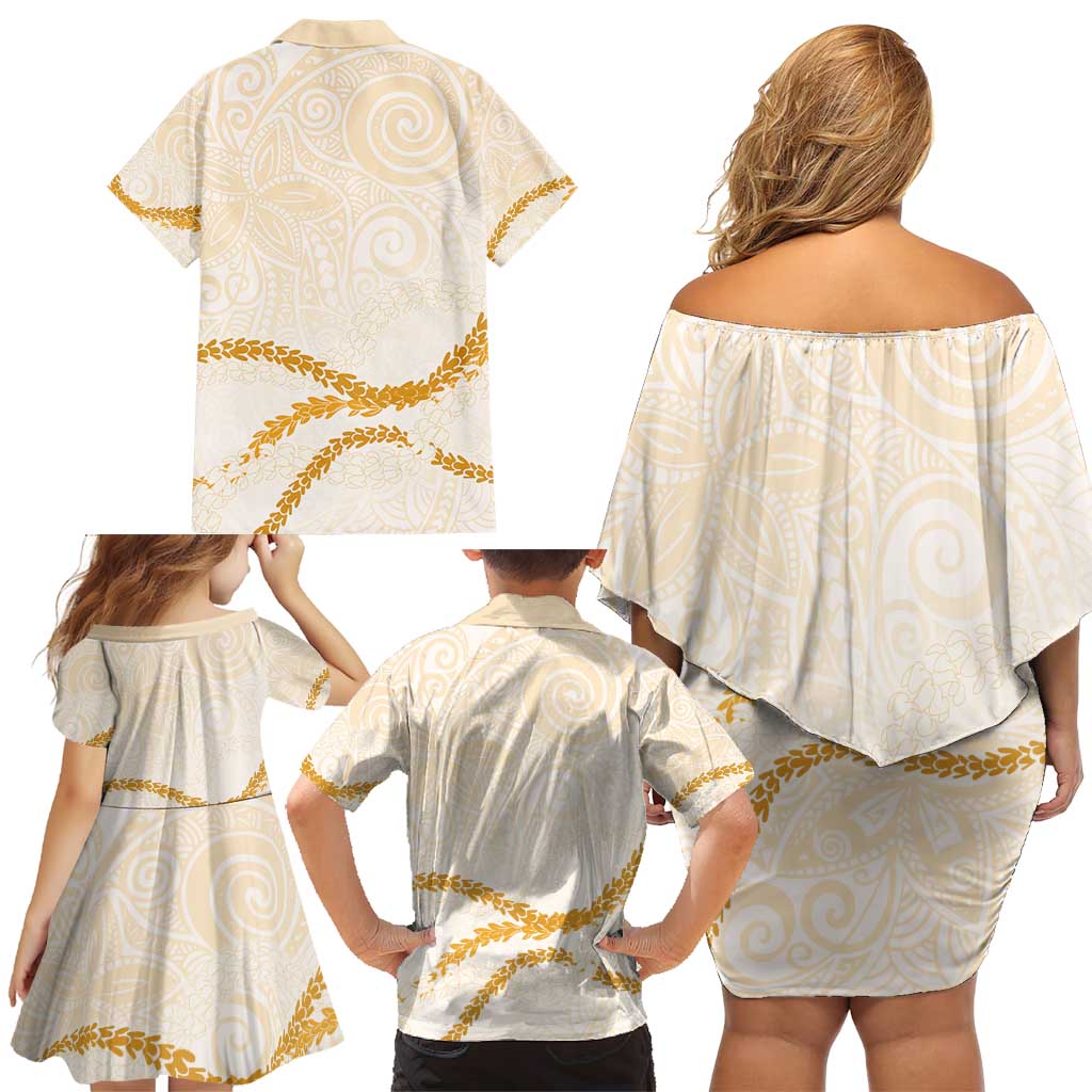 Aloha Lei Mikioi Family Matching Off Shoulder Short Dress and Hawaiian Shirt Gold Polynesian Tribal Tatau Pattern LT9 - Polynesian Pride