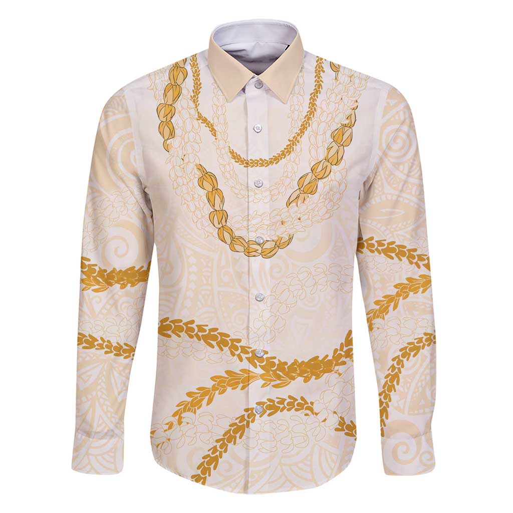 Aloha Lei Mikioi Family Matching Off Shoulder Short Dress and Hawaiian Shirt Gold Polynesian Tribal Tatau Pattern LT9 Dad's Shirt - Long Sleeve Gold - Polynesian Pride