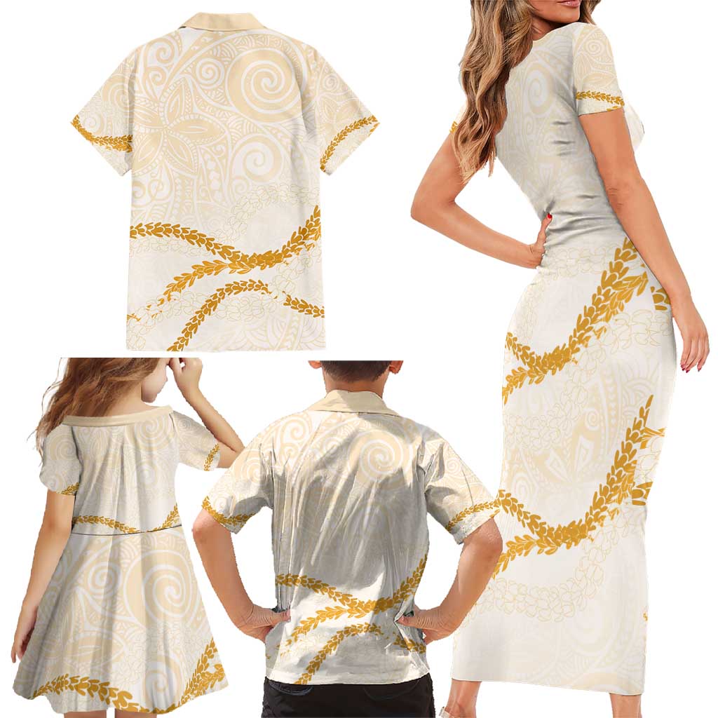 Aloha Lei Mikioi Family Matching Short Sleeve Bodycon Dress and Hawaiian Shirt Gold Polynesian Tribal Tatau Pattern LT9 - Polynesian Pride