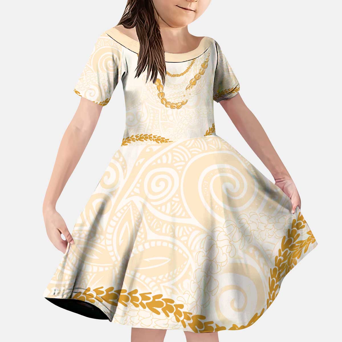 Aloha Lei Mikioi Kid Short Sleeve Dress Gold Polynesian Tribal Tatau Pattern LT9 KID Gold - Polynesian Pride