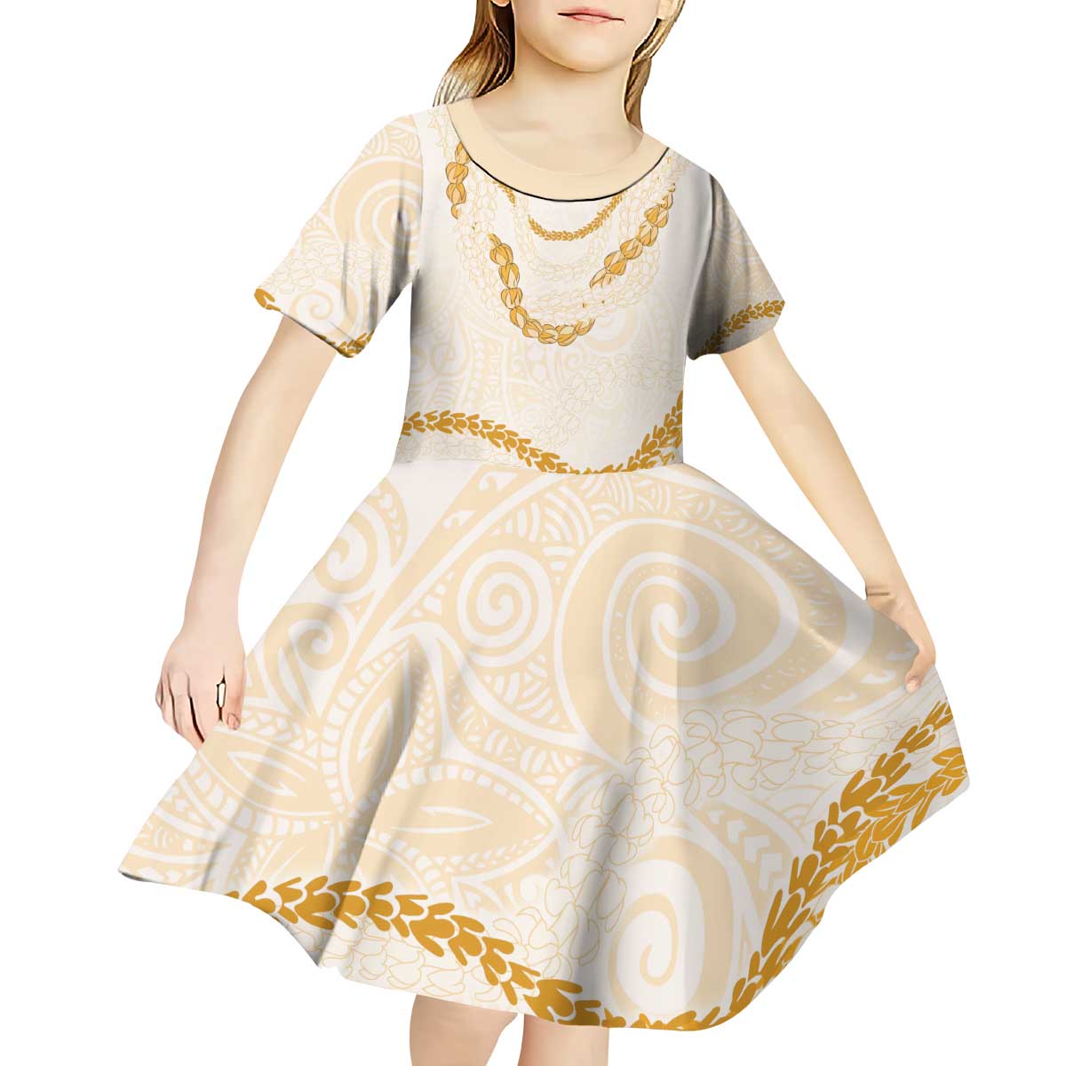 Aloha Lei Mikioi Kid Short Sleeve Dress Gold Polynesian Tribal Tatau Pattern LT9 - Polynesian Pride