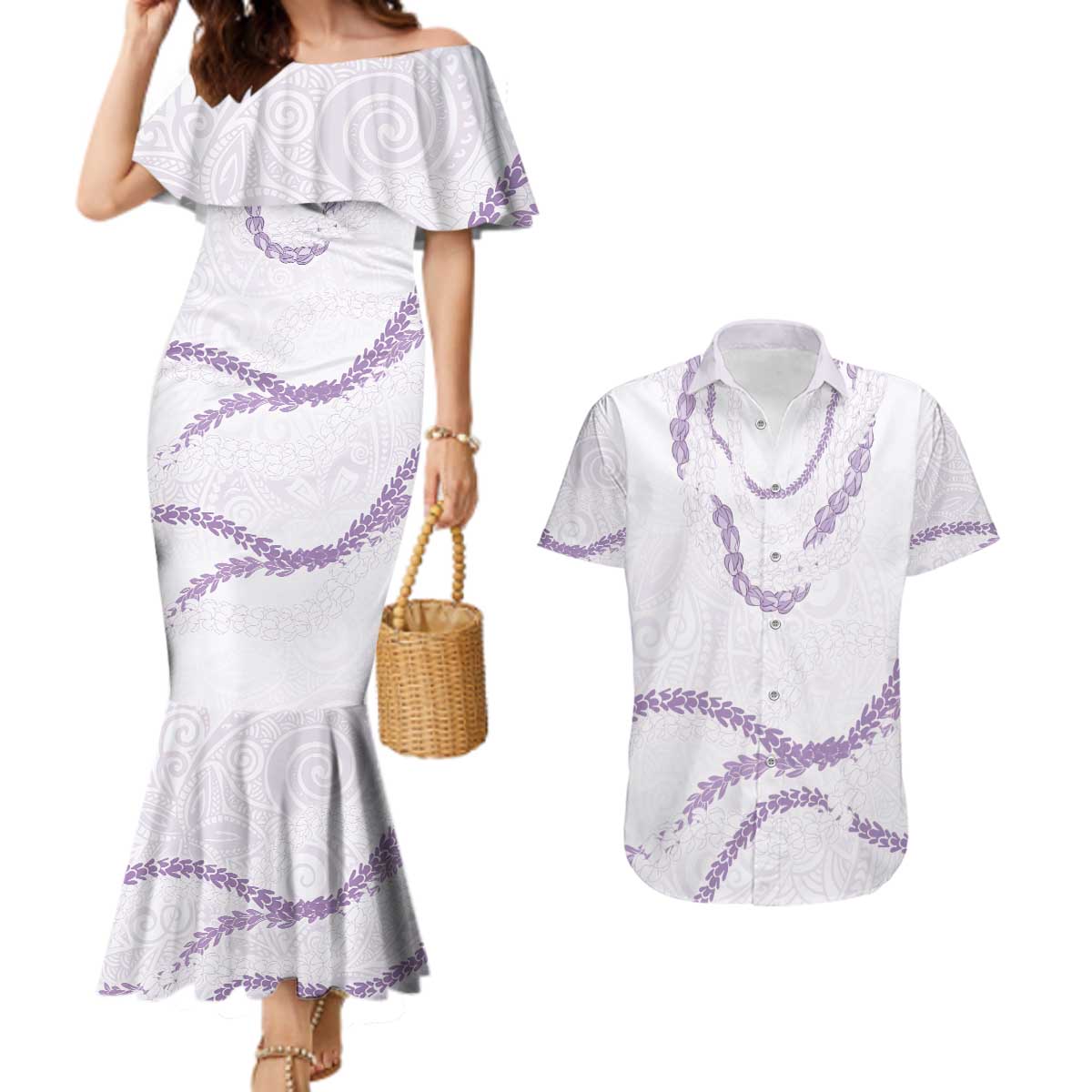 Aloha Lei Mikioi Couples Matching Mermaid Dress and Hawaiian Shirt Purple Polynesian Tribal Tatau Pattern LT9 Purple - Polynesian Pride