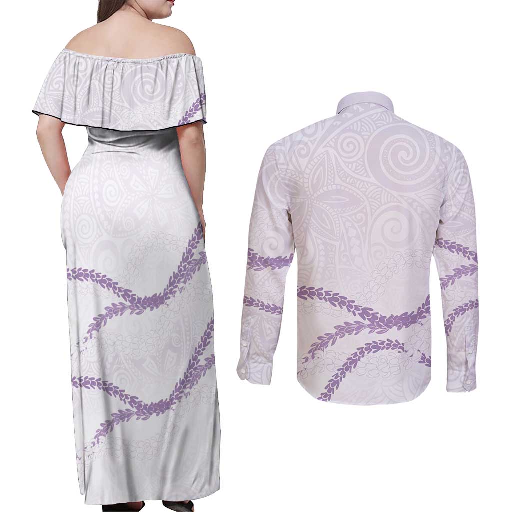 Aloha Lei Mikioi Couples Matching Off Shoulder Maxi Dress and Long Sleeve Button Shirt Purple Polynesian Tribal Tatau Pattern LT9 - Polynesian Pride