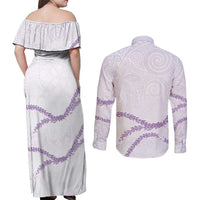 Aloha Lei Mikioi Couples Matching Off Shoulder Maxi Dress and Long Sleeve Button Shirt Purple Polynesian Tribal Tatau Pattern LT9 - Polynesian Pride