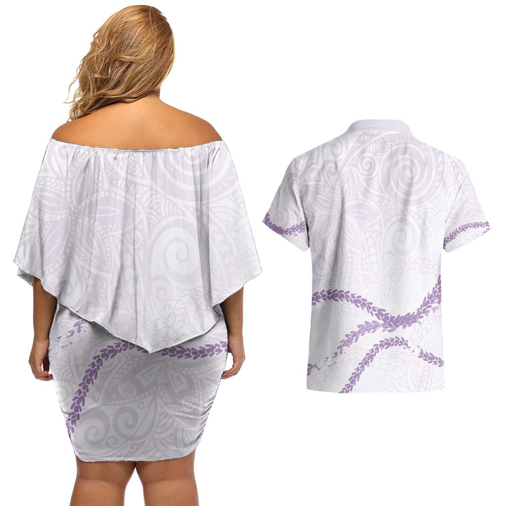 Aloha Lei Mikioi Couples Matching Off Shoulder Short Dress and Hawaiian Shirt Purple Polynesian Tribal Tatau Pattern LT9 - Polynesian Pride
