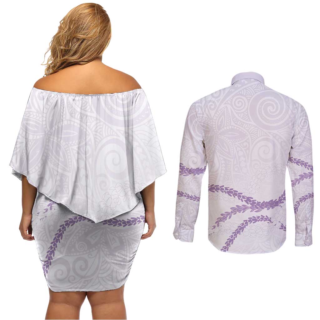 Aloha Lei Mikioi Couples Matching Off Shoulder Short Dress and Long Sleeve Button Shirt Purple Polynesian Tribal Tatau Pattern LT9 - Polynesian Pride
