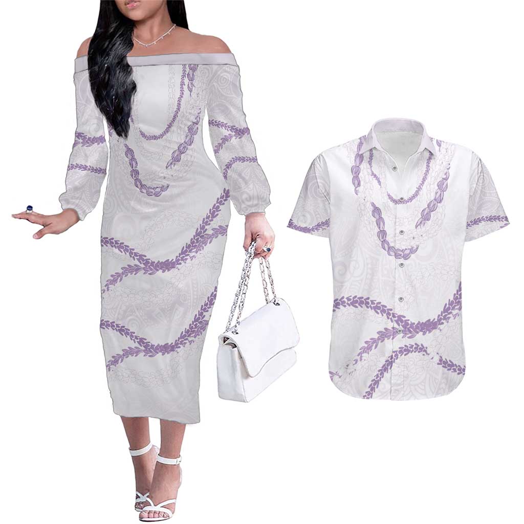 Aloha Lei Mikioi Couples Matching Off The Shoulder Long Sleeve Dress and Hawaiian Shirt Purple Polynesian Tribal Tatau Pattern LT9 Purple - Polynesian Pride