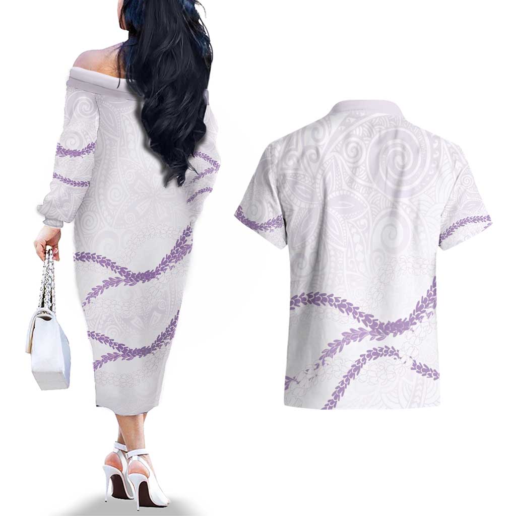 Aloha Lei Mikioi Couples Matching Off The Shoulder Long Sleeve Dress and Hawaiian Shirt Purple Polynesian Tribal Tatau Pattern LT9 - Polynesian Pride