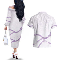 Aloha Lei Mikioi Couples Matching Off The Shoulder Long Sleeve Dress and Hawaiian Shirt Purple Polynesian Tribal Tatau Pattern LT9 - Polynesian Pride