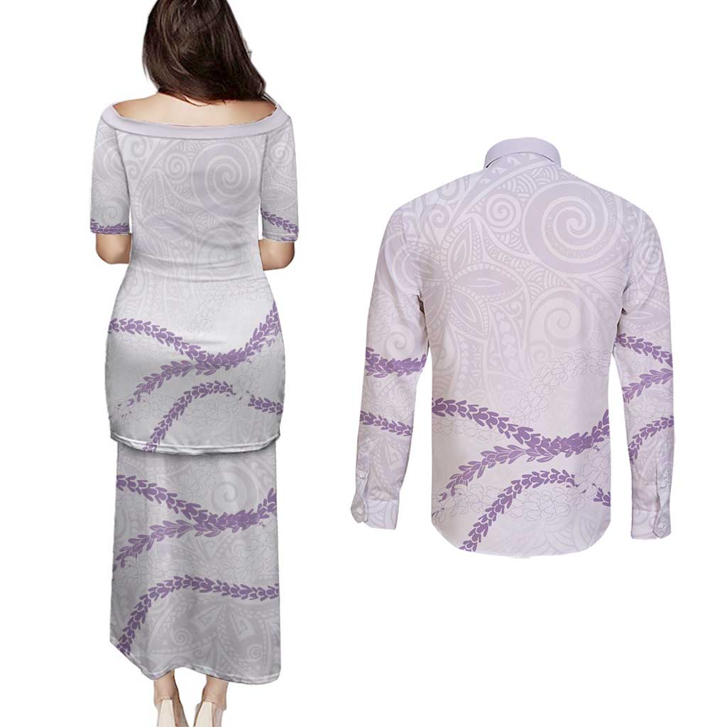 Aloha Lei Mikioi Couples Matching Puletasi and Long Sleeve Button Shirt Purple Polynesian Tribal Tatau Pattern