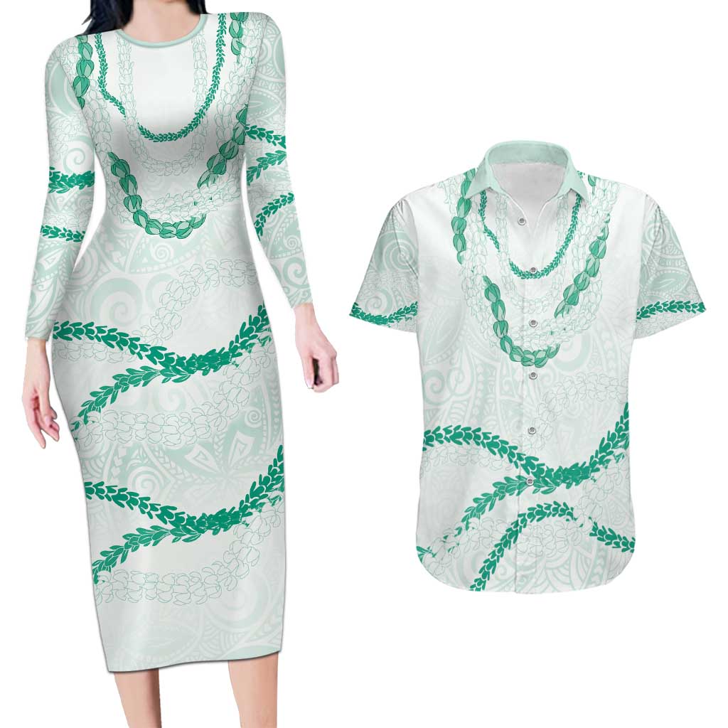Aloha Lei Mikioi Couples Matching Long Sleeve Bodycon Dress and Hawaiian Shirt Sage Green Polynesian Tribal Tatau Pattern LT9 Green - Polynesian Pride