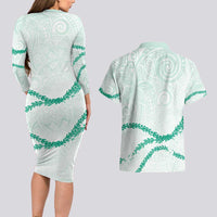 Aloha Lei Mikioi Couples Matching Long Sleeve Bodycon Dress and Hawaiian Shirt Sage Green Polynesian Tribal Tatau Pattern LT9 - Polynesian Pride