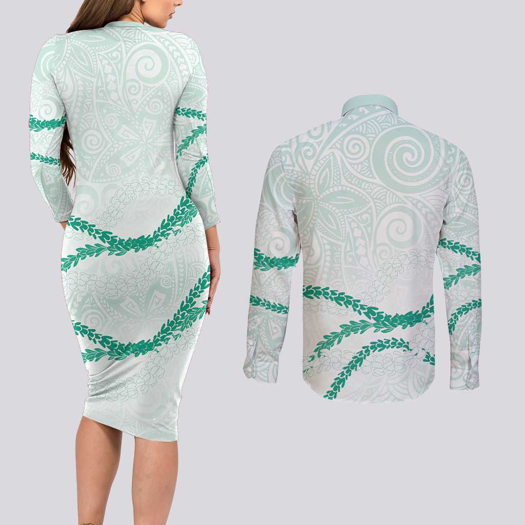 Aloha Lei Mikioi Couples Matching Long Sleeve Bodycon Dress and Long Sleeve Button Shirt Sage Green Polynesian Tribal Tatau Pattern LT9 - Polynesian Pride