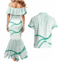 Aloha Lei Mikioi Couples Matching Mermaid Dress and Hawaiian Shirt Sage Green Polynesian Tribal Tatau Pattern LT9 - Polynesian Pride