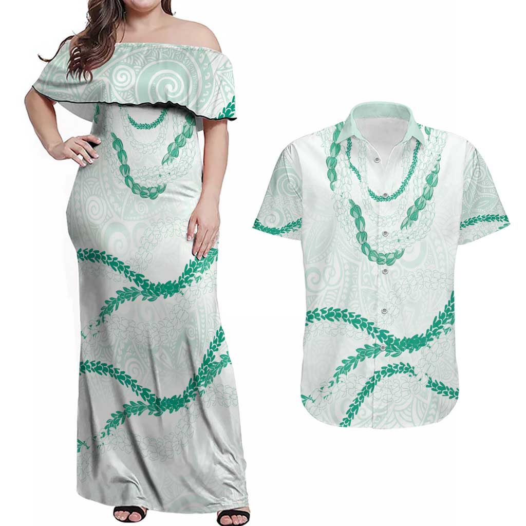 Aloha Lei Mikioi Couples Matching Off Shoulder Maxi Dress and Hawaiian Shirt Sage Green Polynesian Tribal Tatau Pattern LT9 Green - Polynesian Pride
