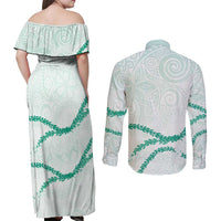 Aloha Lei Mikioi Couples Matching Off Shoulder Maxi Dress and Long Sleeve Button Shirt Sage Green Polynesian Tribal Tatau Pattern LT9 - Polynesian Pride