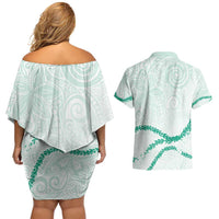Aloha Lei Mikioi Couples Matching Off Shoulder Short Dress and Hawaiian Shirt Sage Green Polynesian Tribal Tatau Pattern LT9 - Polynesian Pride