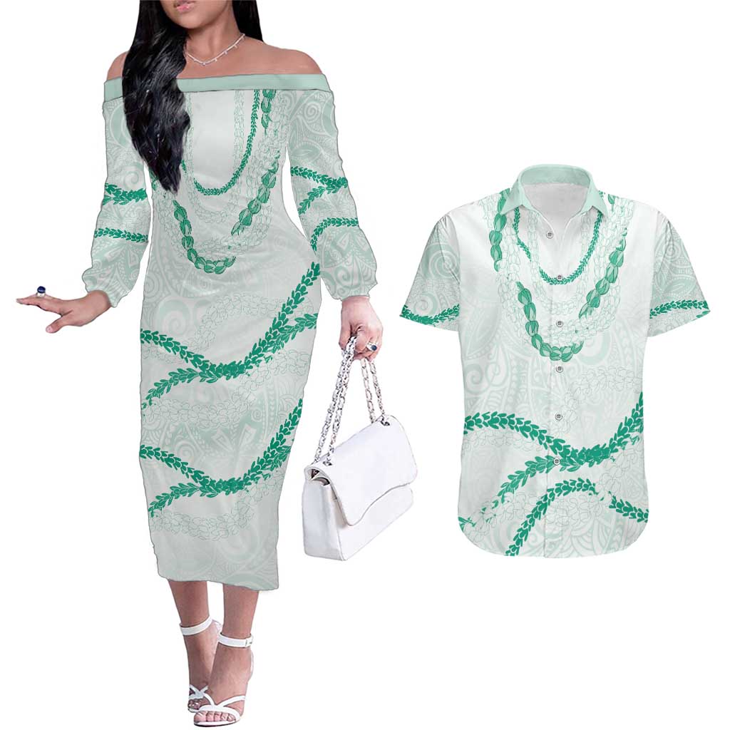 Aloha Lei Mikioi Couples Matching Off The Shoulder Long Sleeve Dress and Hawaiian Shirt Sage Green Polynesian Tribal Tatau Pattern LT9 Green - Polynesian Pride