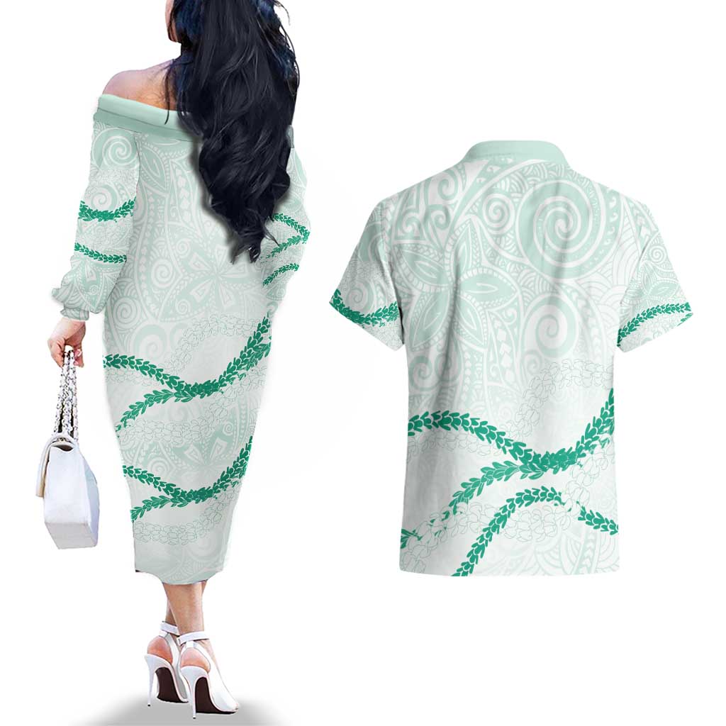 Aloha Lei Mikioi Couples Matching Off The Shoulder Long Sleeve Dress and Hawaiian Shirt Sage Green Polynesian Tribal Tatau Pattern LT9 - Polynesian Pride