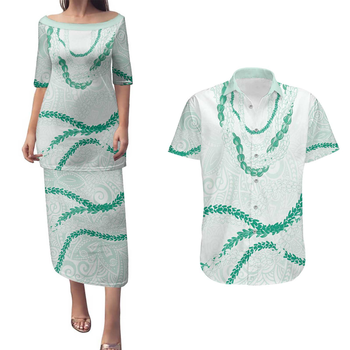 Aloha Lei Mikioi Couples Matching Puletasi and Hawaiian Shirt Sage Green Polynesian Tribal Tatau Pattern LT9 Green - Polynesian Pride