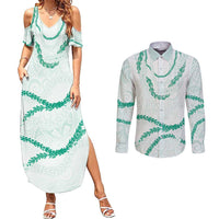 Aloha Lei Mikioi Couples Matching Summer Maxi Dress and Long Sleeve Button Shirt Sage Green Polynesian Tribal Tatau Pattern LT9 Green - Polynesian Pride