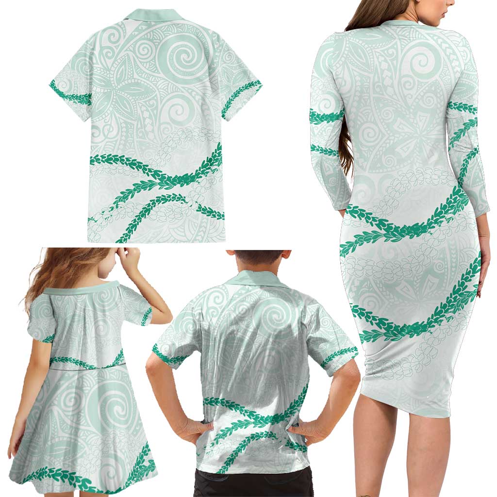 Aloha Lei Mikioi Family Matching Long Sleeve Bodycon Dress and Hawaiian Shirt Sage Green Polynesian Tribal Tatau Pattern LT9 - Polynesian Pride