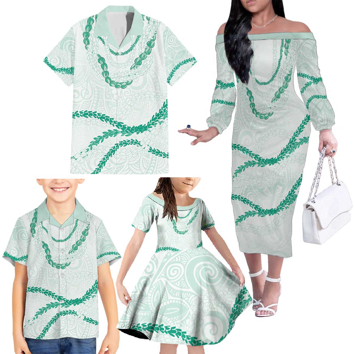 Aloha Lei Mikioi Family Matching Off The Shoulder Long Sleeve Dress and Hawaiian Shirt Sage Green Polynesian Tribal Tatau Pattern LT9 - Polynesian Pride
