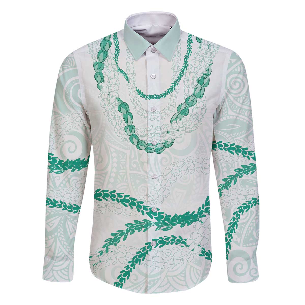 Aloha Lei Mikioi Family Matching Off The Shoulder Long Sleeve Dress and Hawaiian Shirt Sage Green Polynesian Tribal Tatau Pattern LT9 Dad's Shirt - Long Sleeve Green - Polynesian Pride