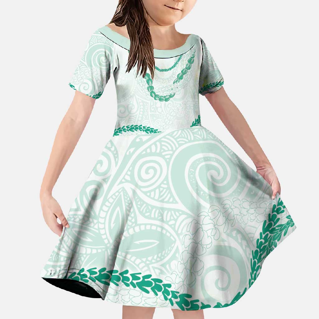 Aloha Lei Mikioi Family Matching Off Shoulder Maxi Dress and Hawaiian Shirt Sage Green Polynesian Tribal Tatau Pattern LT9 Daughter's Dress Green - Polynesian Pride