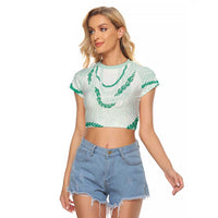 Aloha Lei Mikioi Raglan Cropped T Shirt Sage Green Polynesian Tribal Tatau Pattern