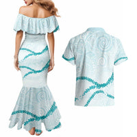 Aloha Lei Mikioi Couples Matching Mermaid Dress and Hawaiian Shirt Teal Polynesian Tribal Tatau Pattern LT9 - Polynesian Pride
