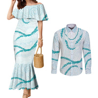 Aloha Lei Mikioi Couples Matching Mermaid Dress and Long Sleeve Button Shirt Teal Polynesian Tribal Tatau Pattern LT9 Teal - Polynesian Pride