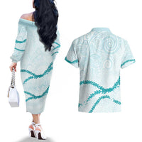 Aloha Lei Mikioi Couples Matching Off The Shoulder Long Sleeve Dress and Hawaiian Shirt Teal Polynesian Tribal Tatau Pattern LT9 - Polynesian Pride