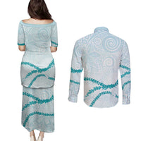 Aloha Lei Mikioi Couples Matching Puletasi and Long Sleeve Button Shirt Teal Polynesian Tribal Tatau Pattern