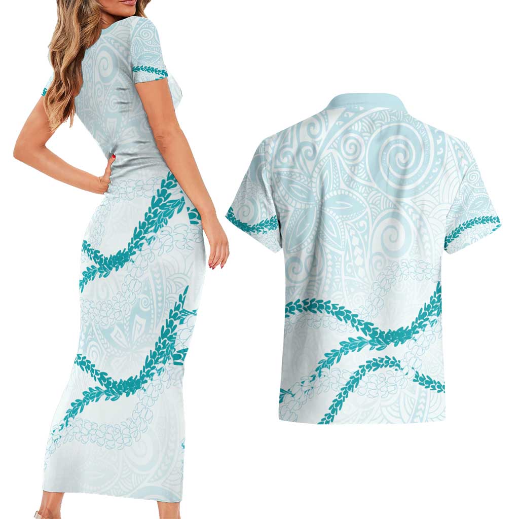 Aloha Lei Mikioi Couples Matching Short Sleeve Bodycon Dress and Hawaiian Shirt Teal Polynesian Tribal Tatau Pattern LT9 - Polynesian Pride
