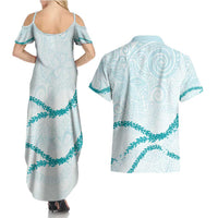 Aloha Lei Mikioi Couples Matching Summer Maxi Dress and Hawaiian Shirt Teal Polynesian Tribal Tatau Pattern LT9 - Polynesian Pride