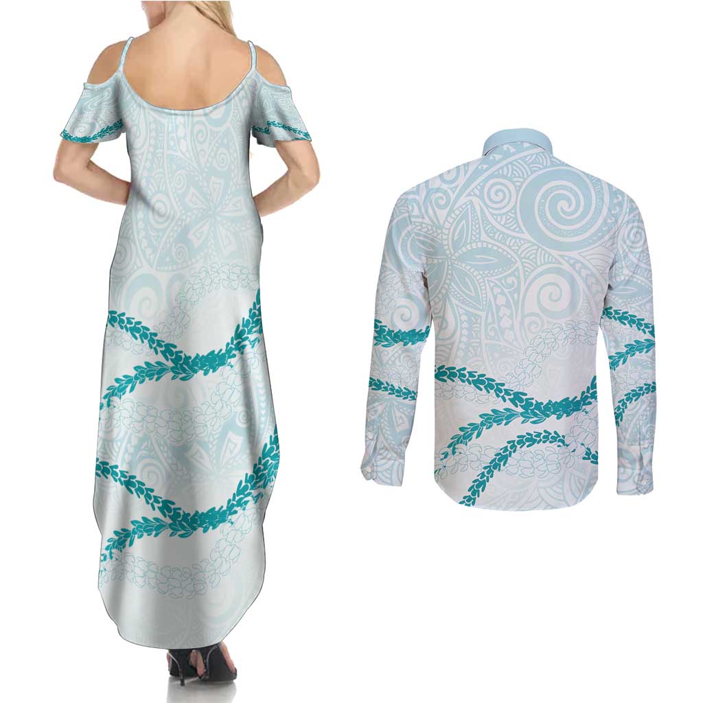 Aloha Lei Mikioi Couples Matching Summer Maxi Dress and Long Sleeve Button Shirt Teal Polynesian Tribal Tatau Pattern