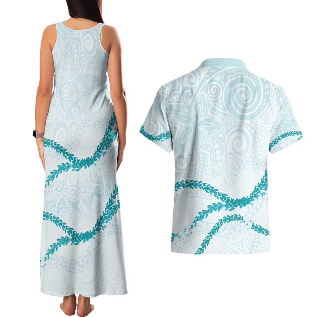 Aloha Lei Mikioi Couples Matching Tank Maxi Dress and Hawaiian Shirt Teal Polynesian Tribal Tatau Pattern LT9 - Polynesian Pride