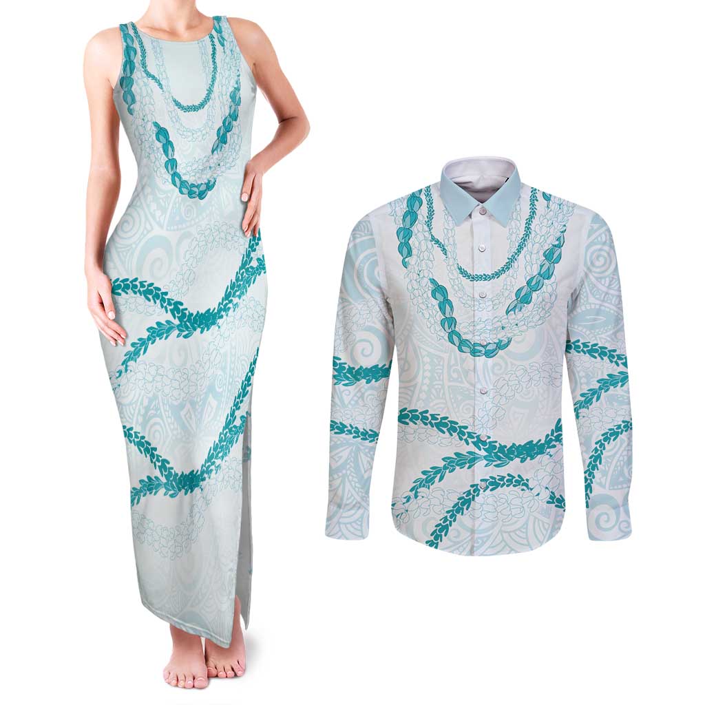 Aloha Lei Mikioi Couples Matching Tank Maxi Dress and Long Sleeve Button Shirt Teal Polynesian Tribal Tatau Pattern LT9 Teal - Polynesian Pride