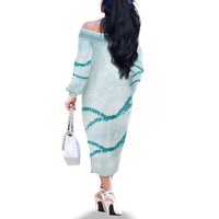 Aloha Lei Mikioi Family Matching Off The Shoulder Long Sleeve Dress and Hawaiian Shirt Teal Polynesian Tribal Tatau Pattern LT9 - Polynesian Pride