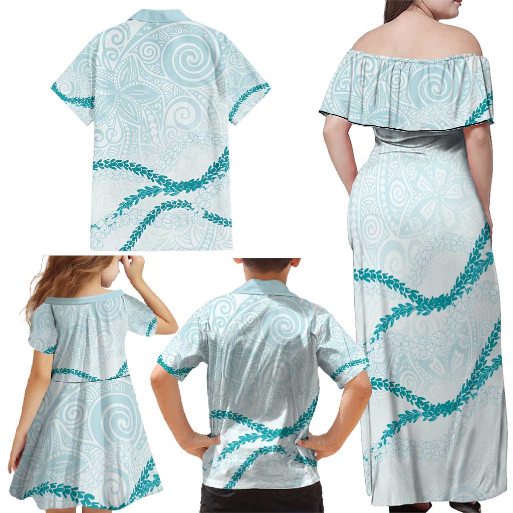 Aloha Lei Mikioi Family Matching Off Shoulder Maxi Dress and Hawaiian Shirt Teal Polynesian Tribal Tatau Pattern LT9 - Polynesian Pride