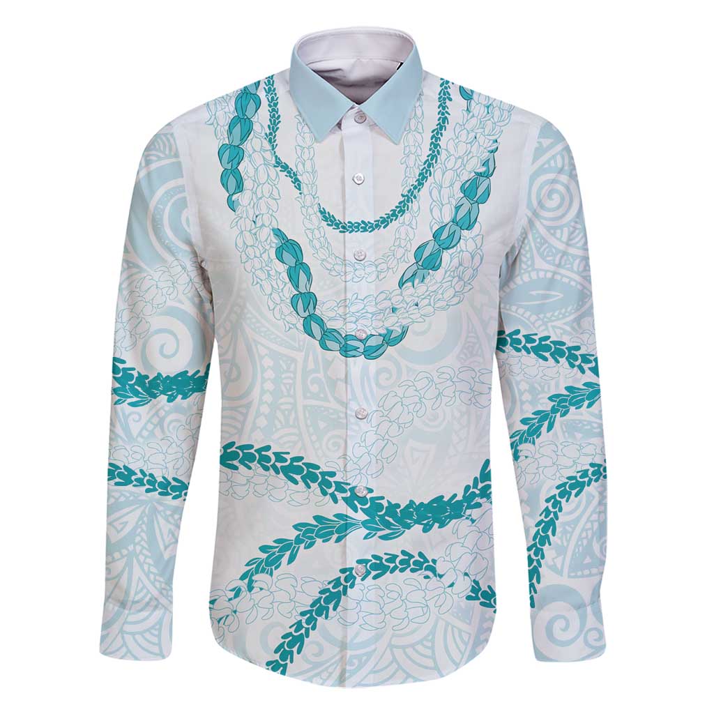 Aloha Lei Mikioi Family Matching Off Shoulder Maxi Dress and Hawaiian Shirt Teal Polynesian Tribal Tatau Pattern LT9 Dad's Shirt - Long Sleeve Teal - Polynesian Pride