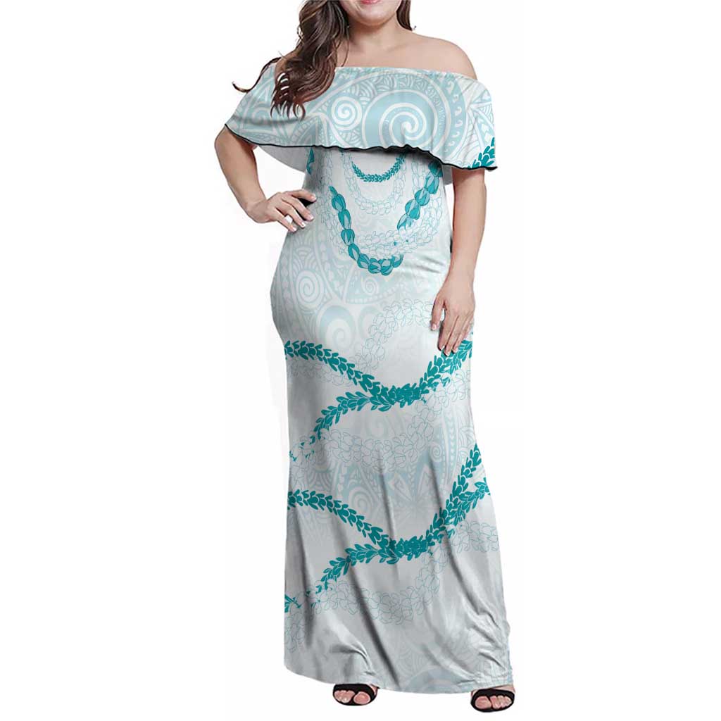 Aloha Lei Mikioi Family Matching Off Shoulder Maxi Dress and Hawaiian Shirt Teal Polynesian Tribal Tatau Pattern LT9 Mom's Dress Teal - Polynesian Pride