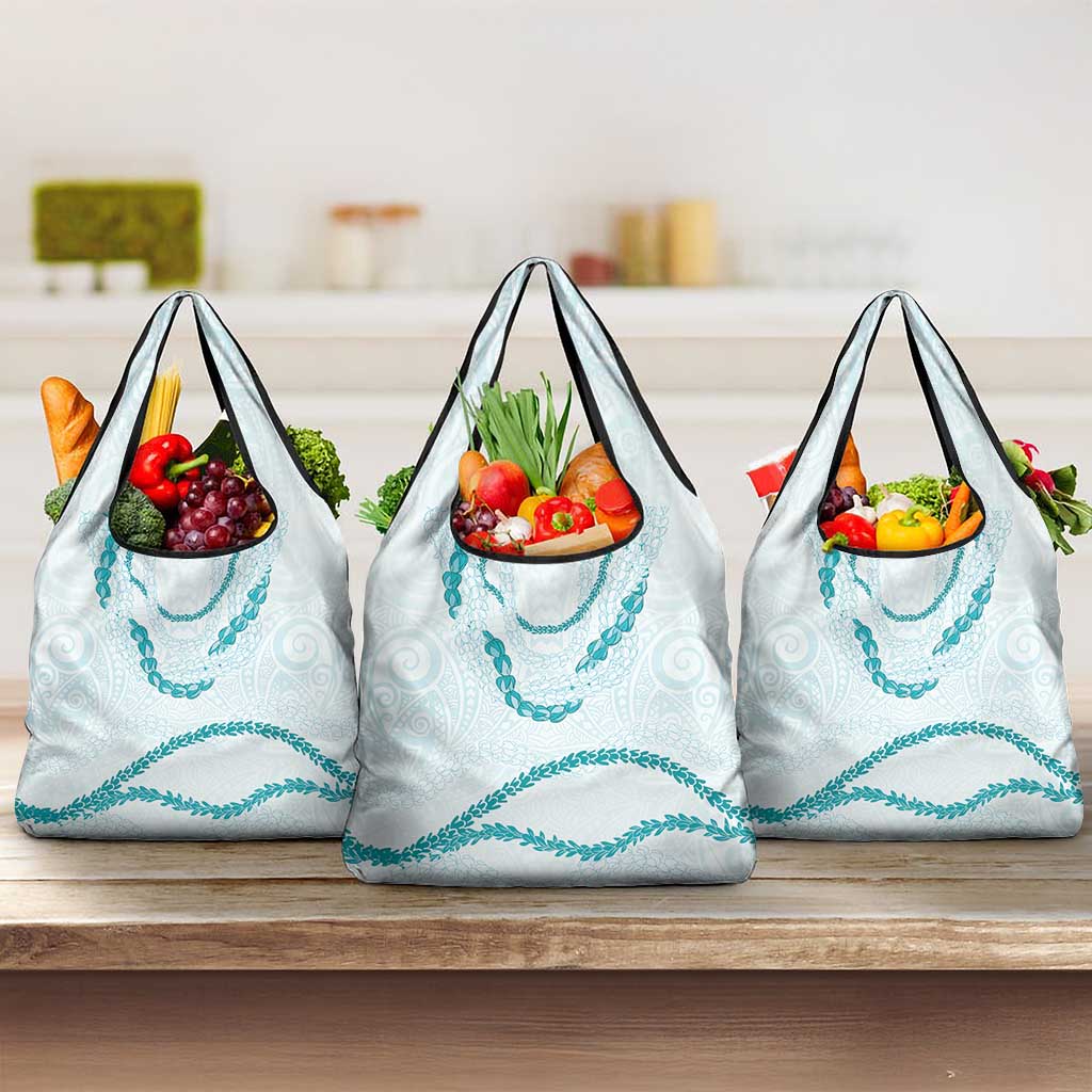 Aloha Lei Mikioi Grocery Bag Teal Polynesian Tribal Tatau Pattern