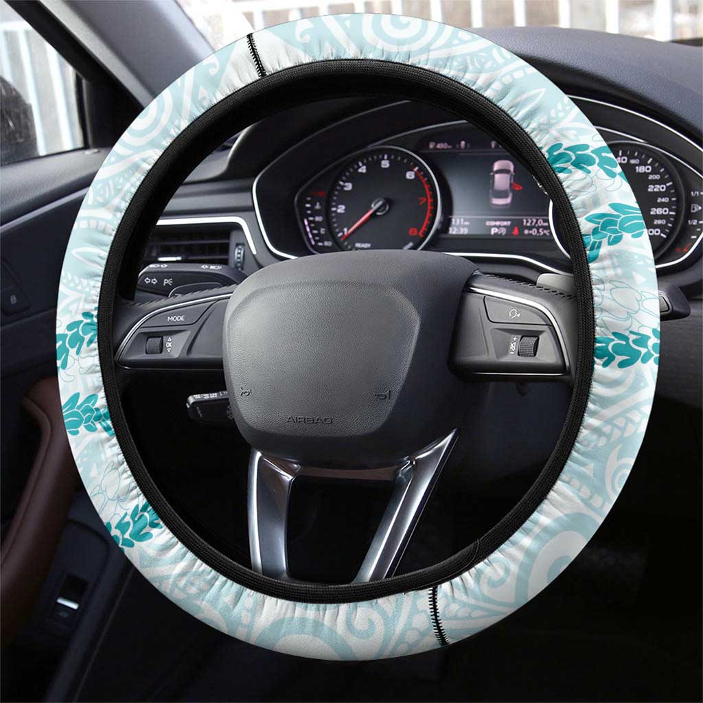 Aloha Lei Mikioi Steering Wheel Cover Teal Polynesian Tribal Tatau Pattern