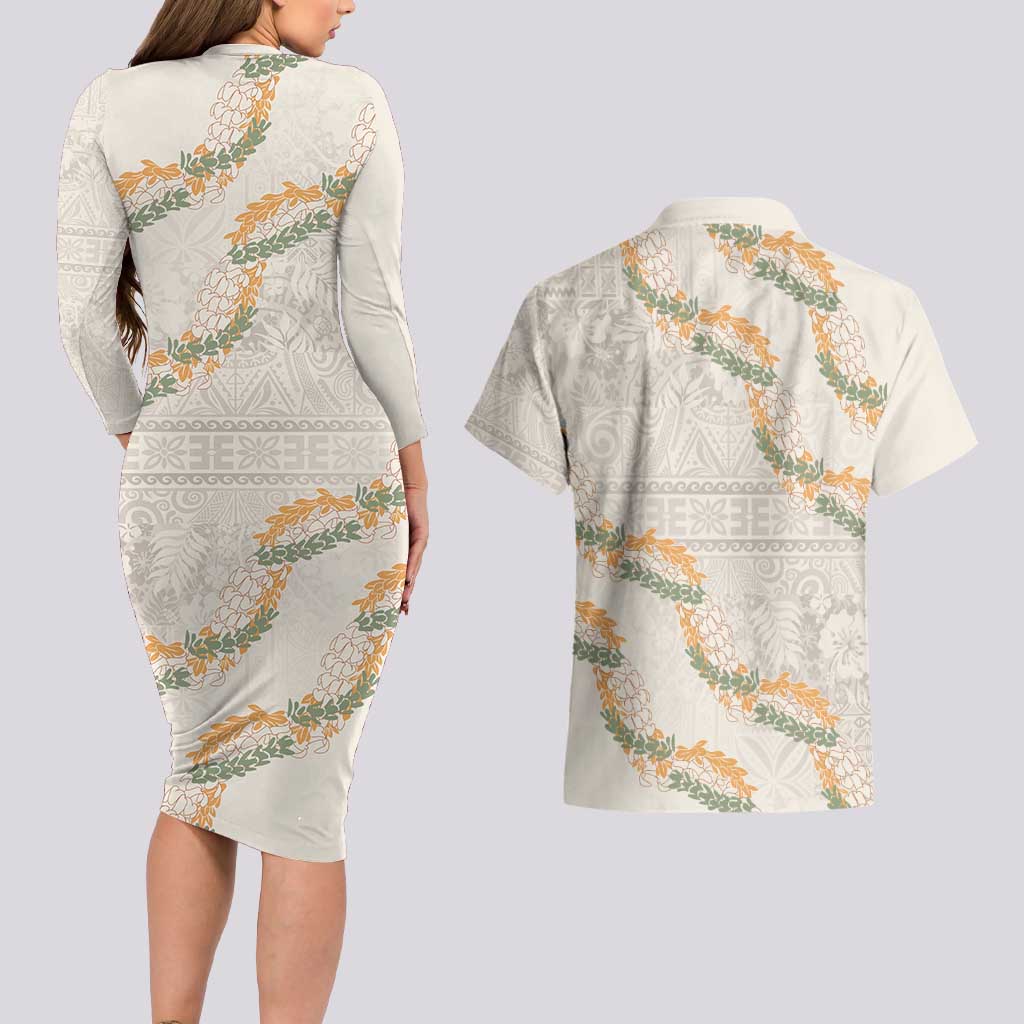 Aloha Pakalana and Puakenikeni Lei Couples Matching Long Sleeve Bodycon Dress and Hawaiian Shirt Beige Hawaiian Pattern LT9 - Polynesian Pride