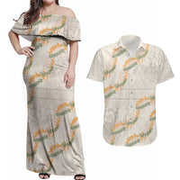 Aloha Pakalana and Puakenikeni Lei Couples Matching Off Shoulder Maxi Dress and Hawaiian Shirt Beige Hawaiian Pattern LT9 Beige - Polynesian Pride