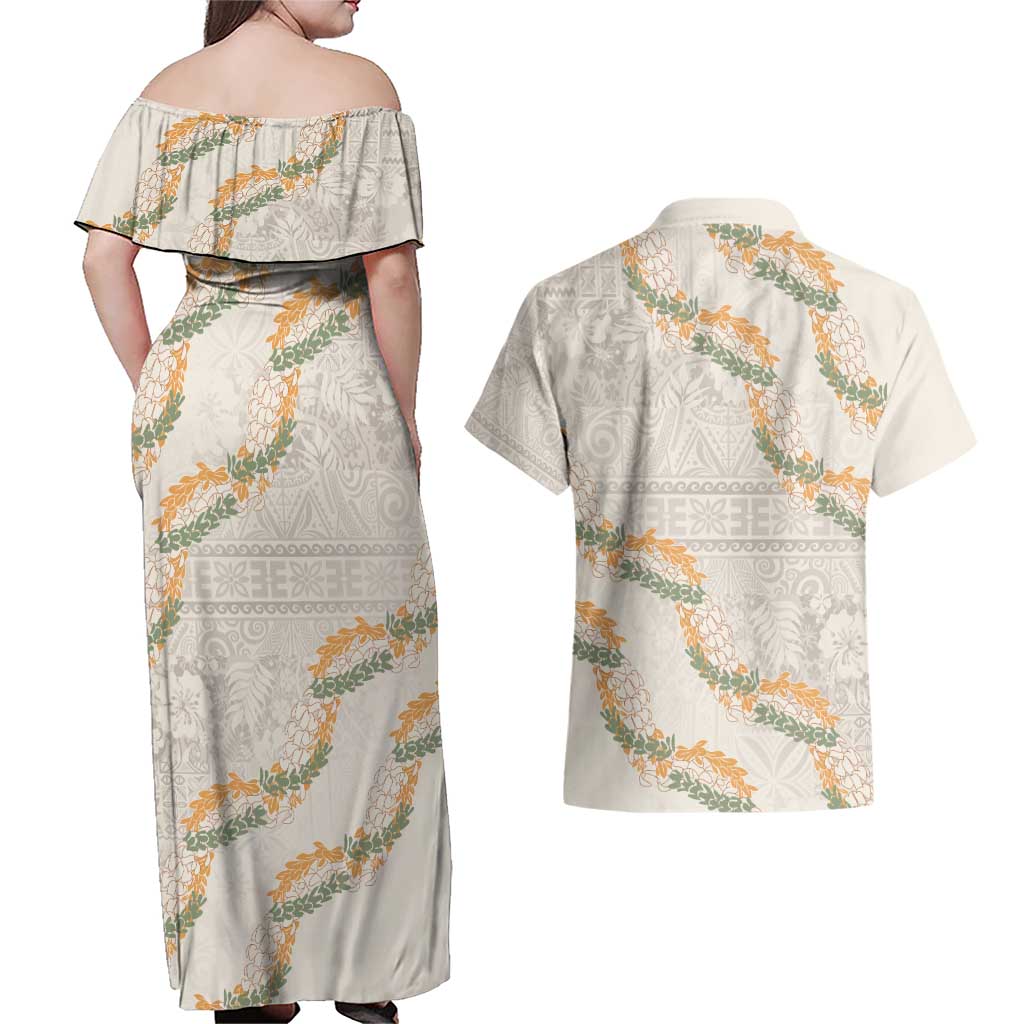 Aloha Pakalana and Puakenikeni Lei Couples Matching Off Shoulder Maxi Dress and Hawaiian Shirt Beige Hawaiian Pattern LT9 - Polynesian Pride