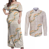 Aloha Pakalana and Puakenikeni Lei Couples Matching Off Shoulder Maxi Dress and Long Sleeve Button Shirt Beige Hawaiian Pattern LT9 Beige - Polynesian Pride